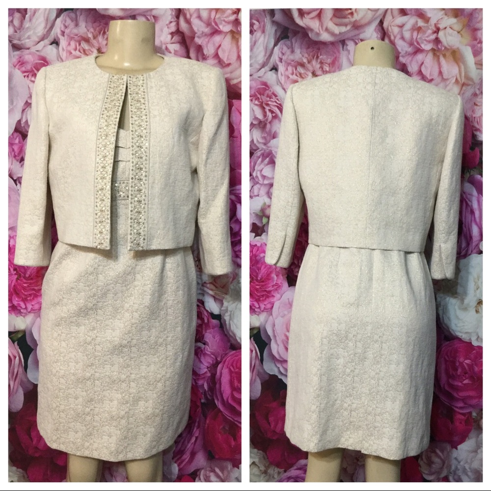 🍁TAHARI Ivory Beaded Jacket Dress Suit Size 6P